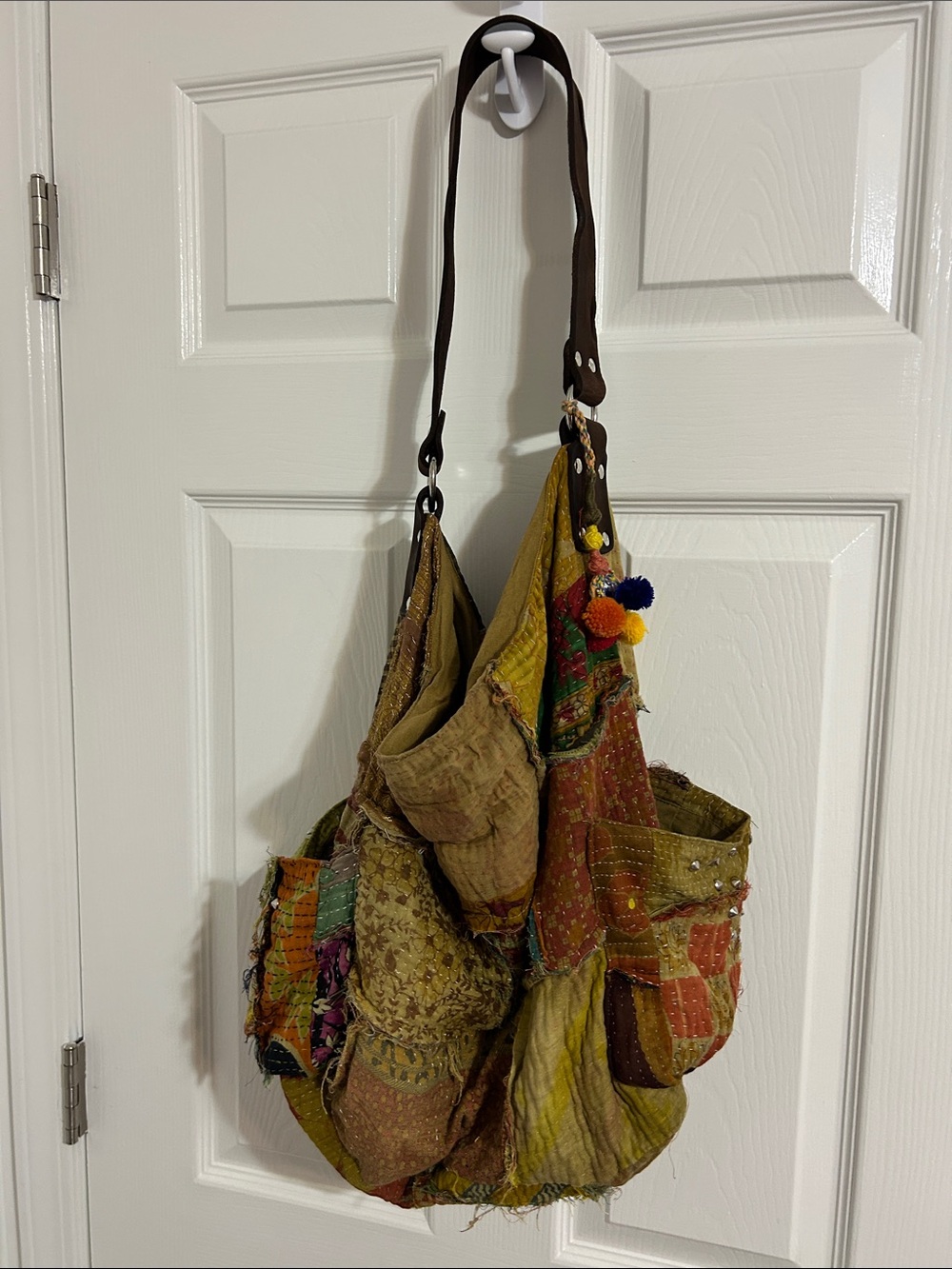 Free People Multicolor Boho Patchwork Shoulder Bag with Pom Tassel